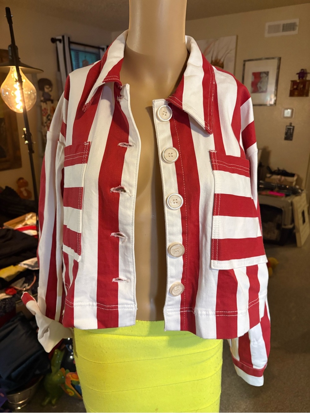 English Factory Crop Red & White Striped Denim Jacket M